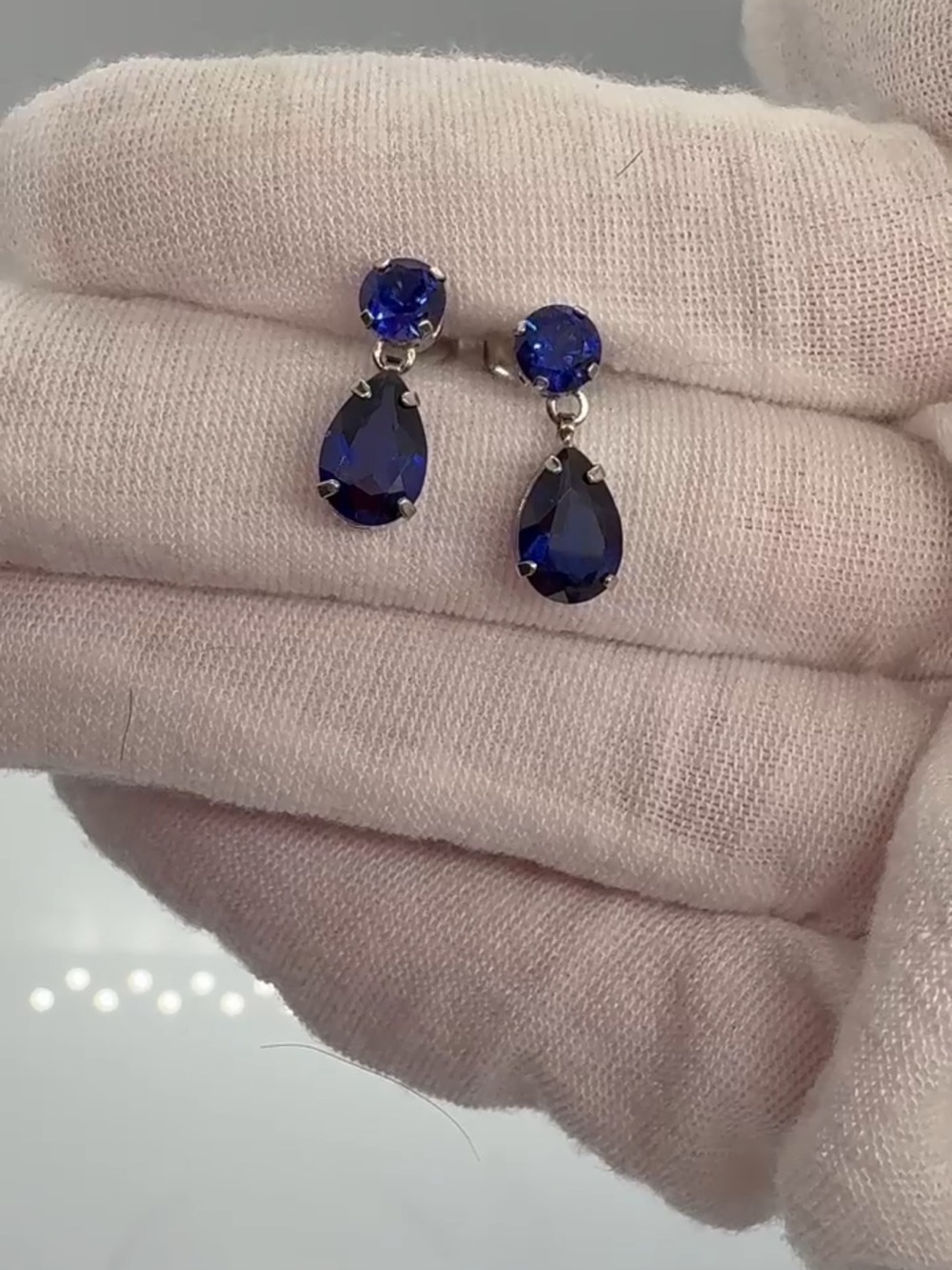 4th of July Blue 10k White Gold Blue Diamond Teardrop Drop Earrings! - Picture 2 of 6